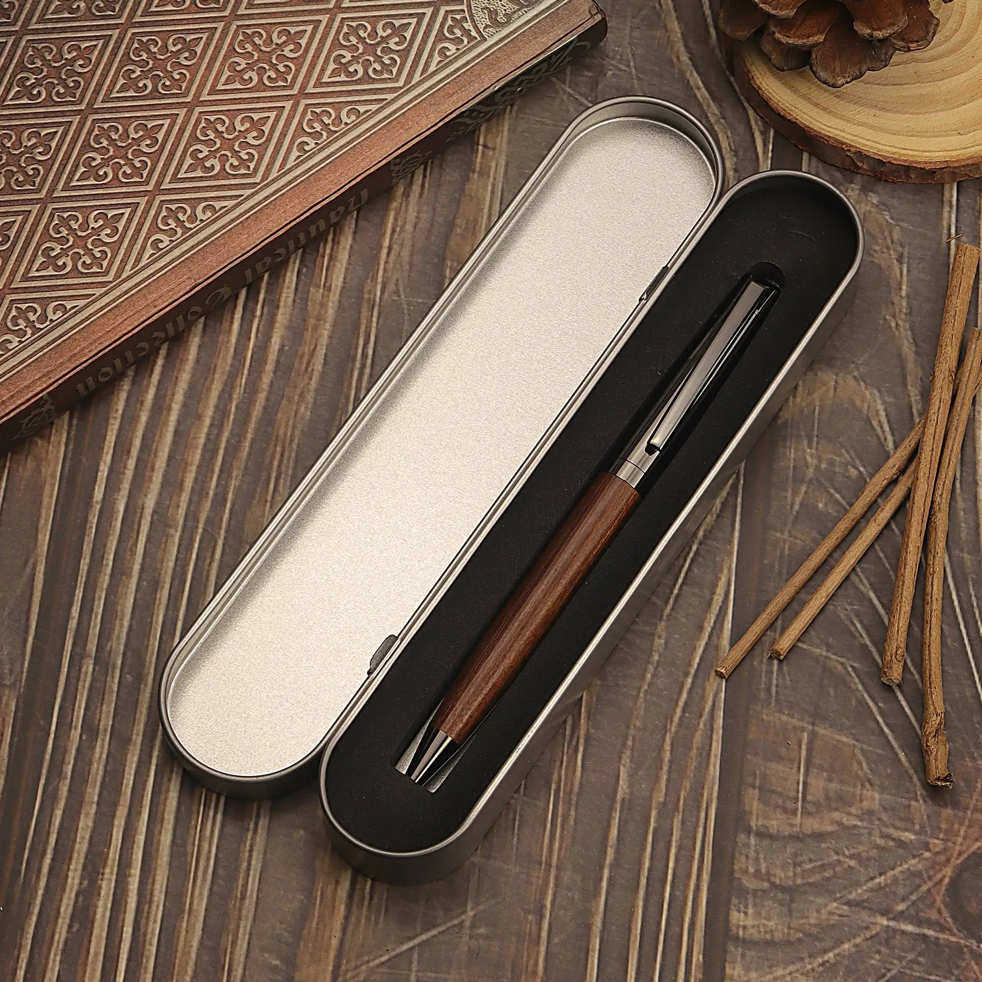 1 Set Premium Metal Ballpoint Pen with Wood Barrel for Smooth Writing Experience and High-End Design-Black Ink-Office-With Case