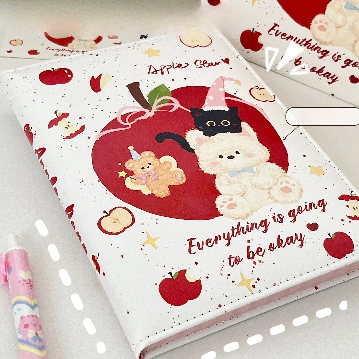 Cute Apple Bear A5 Notebook-santa Theme PU Leather Journal,Colorful Pages with Thick Paper,Kawaii Gift for Students&Christmas