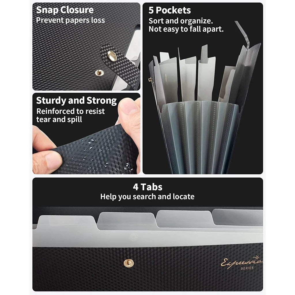 A4 Expanding File Folder with 5 Pockets, Portable Document Organizer for School Office, Paper Accordion Folder Holder A4 Binder