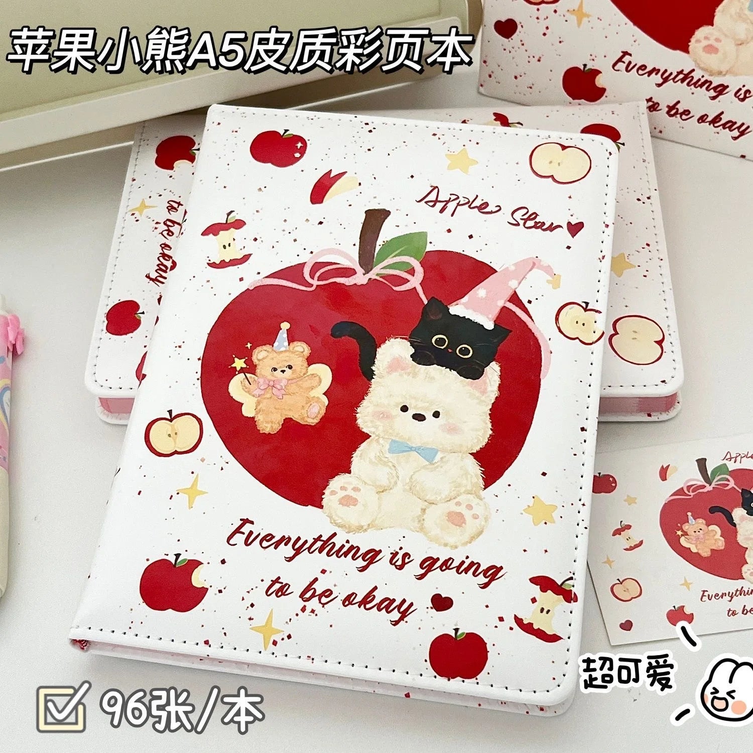 Office School SuppliesCute Apple Bear A5PU Leather Painted Inner Page Notebook Student Thickened High Looking Ins Style Hand