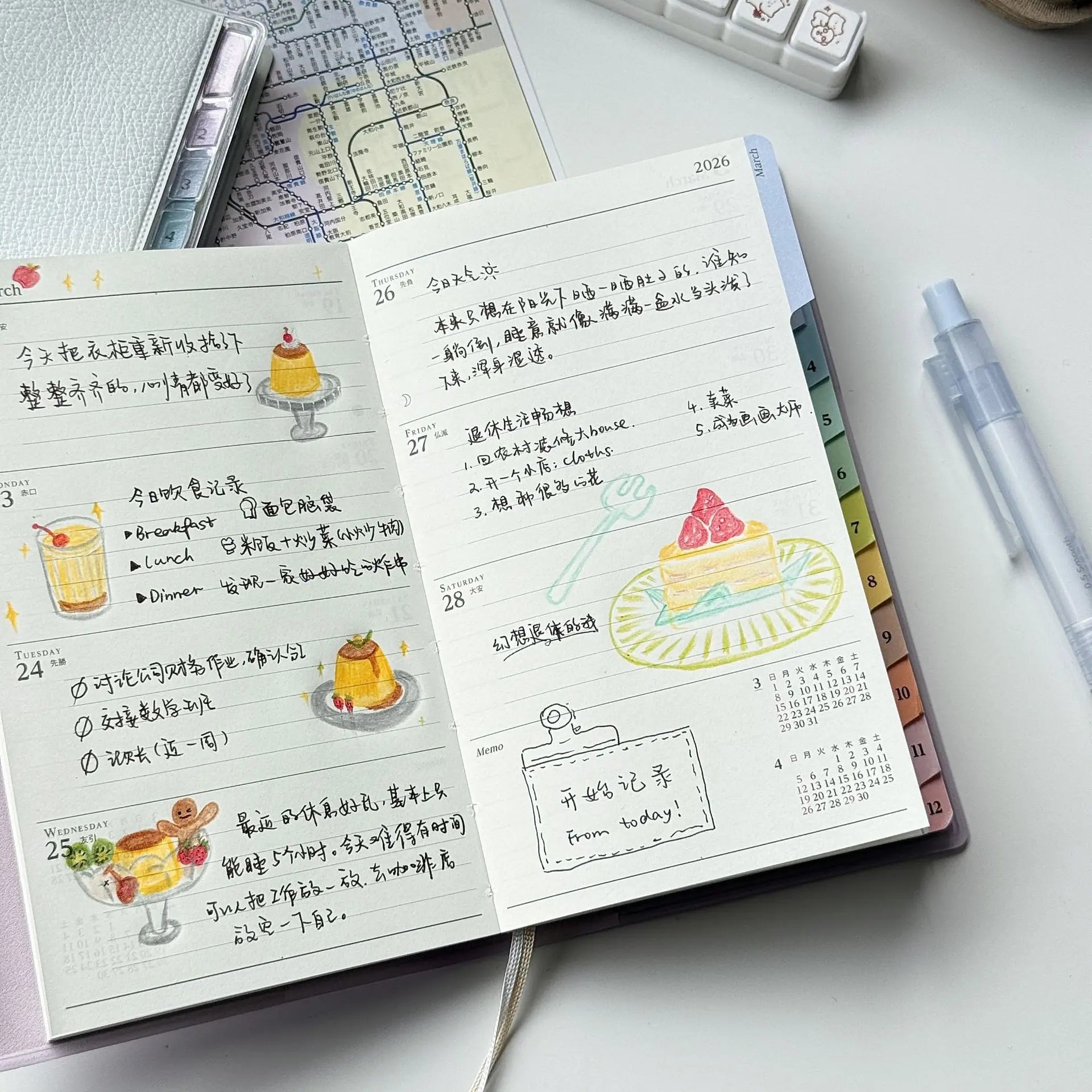 2026 Portable Planner Memo Leather Schedule Notebook Colorful Index Diary Notebook Monthly Weekly Plan Notes for Students