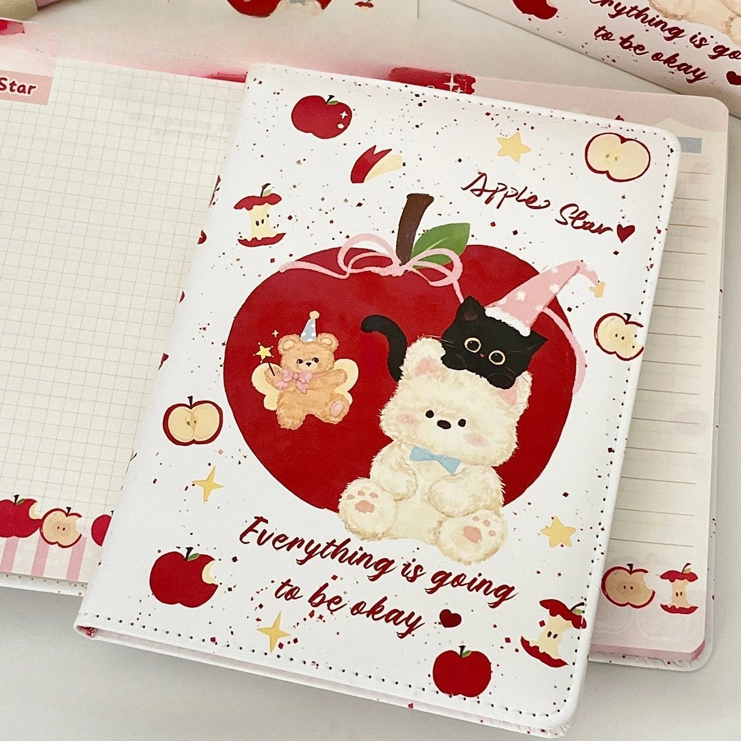 Cute Apple Bear A5 Notebook-santa Theme PU Leather Journal,Colorful Pages with Thick Paper,Kawaii Gift for Students&Christmas