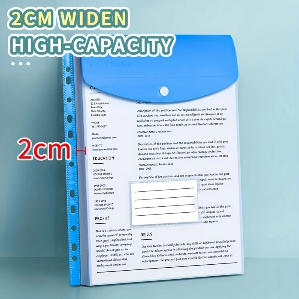 6pcs Plastic Envelope With Adhesive Snaps & 11 Holes File Folder Expansion Bag For 2/3/4 Ring File Bag A4 File Bag School Office