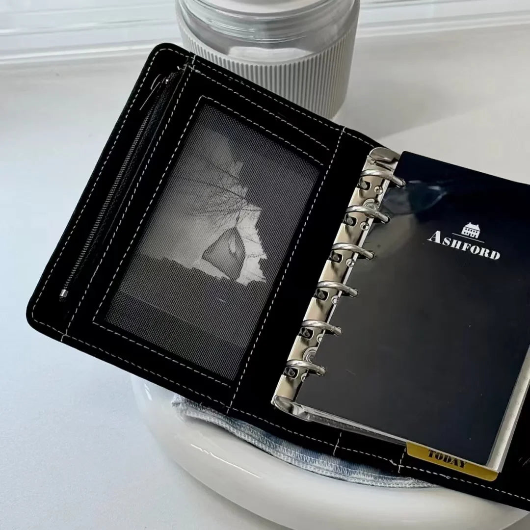 Black PU  A7 Loose Leaf Binder Journal Notebook Diary Cover Ring Planners Organizer Easy Carrying Agenda