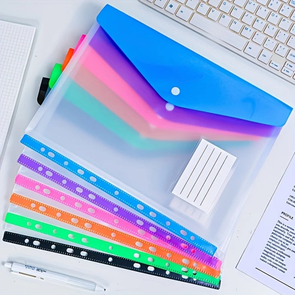 6pcs Plastic Envelope With Adhesive Snaps & 11 Holes File Folder Expansion Bag For 2/3/4 Ring File Bag A4 File Bag School Office