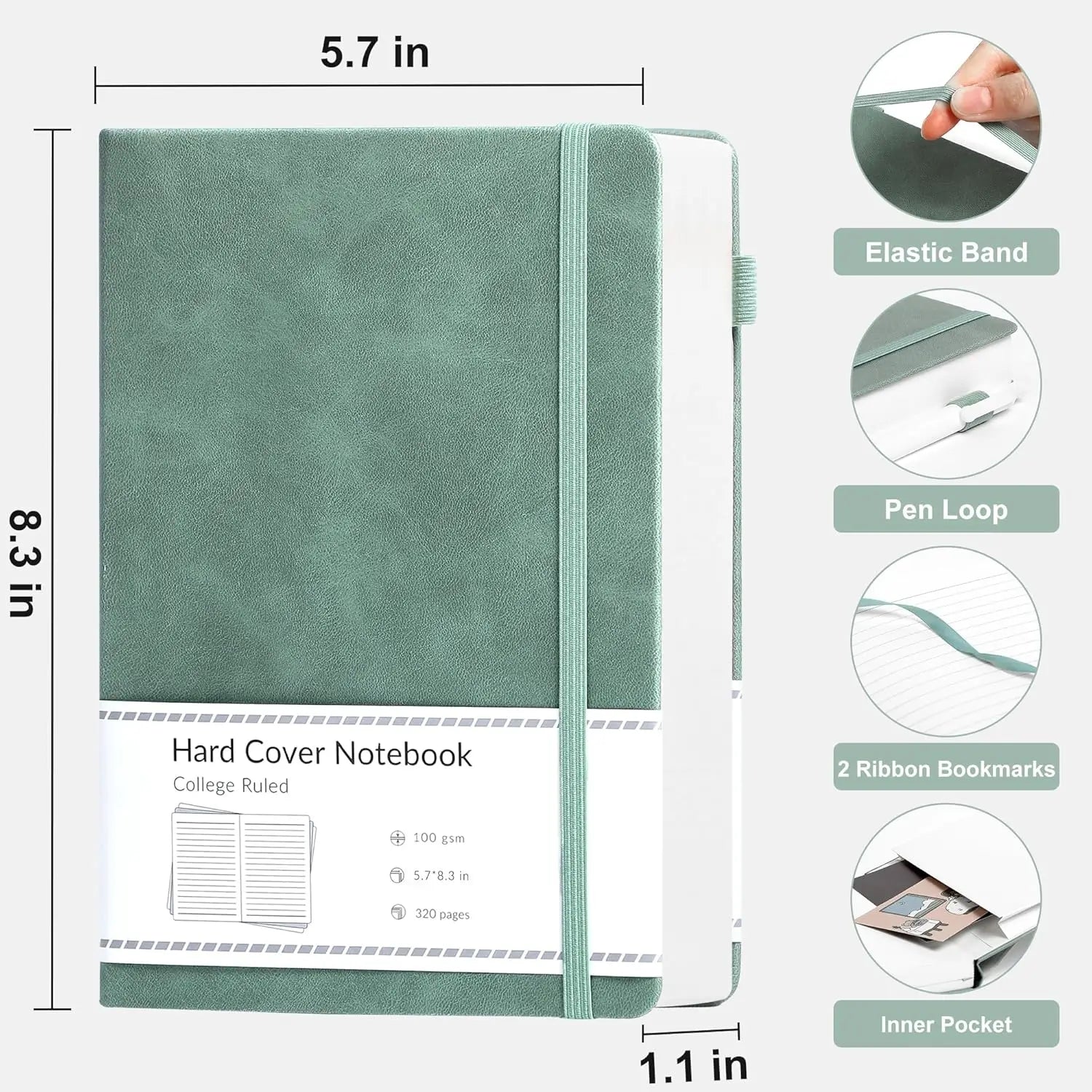 A5 Lined Journal Notebook 320 Pages Thick 100gsm Paper Hardcover Leather Journal for Writing Note Taking Diary 5.7x8.3 In Green