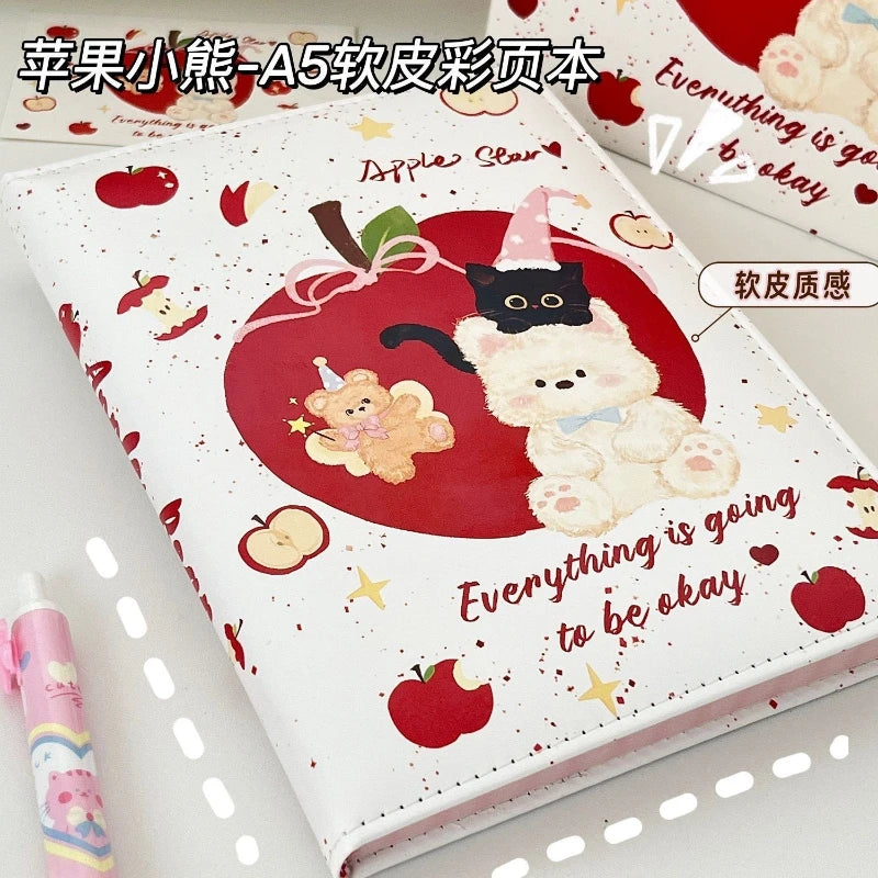 Office School SuppliesCute Apple Bear A5PU Leather Painted Inner Page Notebook Student Thickened High Looking Ins Style Hand
