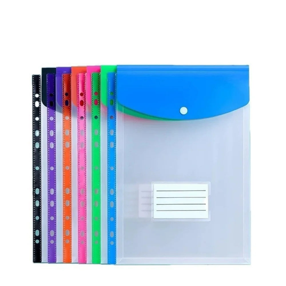 6pcs Plastic Envelope With Adhesive Snaps & 11 Holes File Folder Expansion Bag For 2/3/4 Ring File Bag A4 File Bag School Office