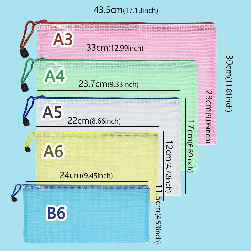 10PCS Stationery Storage Folder File Mesh Zipper Pouch Document Bag Office and Educational Supplies Storage Students Stationery