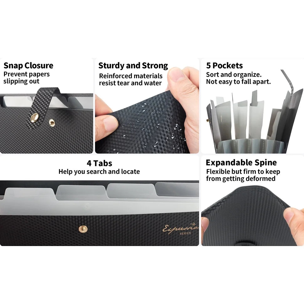 A4 Expanding File Folder with 5 Pockets, Portable Document Organizer for School Office, Paper Accordion Folder Holder A4 Binder